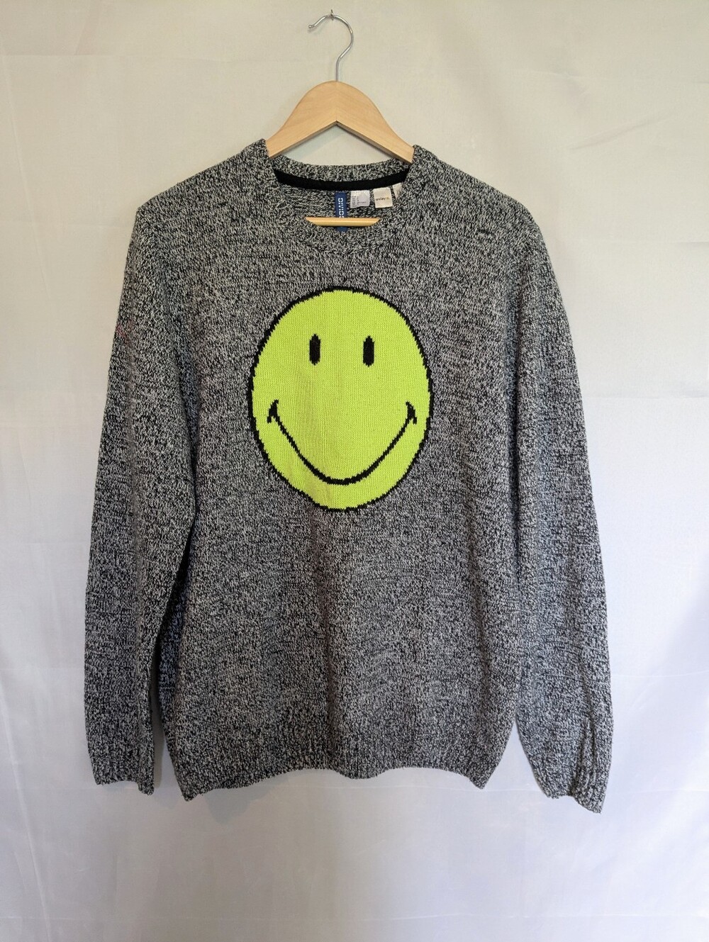 H&M x Smiley Big Smiley Salt and Pepper Wool Blend Crewneck Sweater Unisex Large